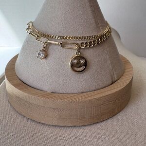Gold Tone Happy Face Double Chain Bracelet 7” NWOT